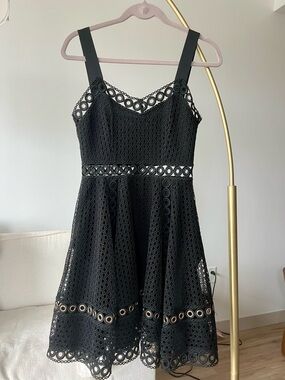Maje Black Circular Eyelet Lace Fit-and-Flare Mini Dress